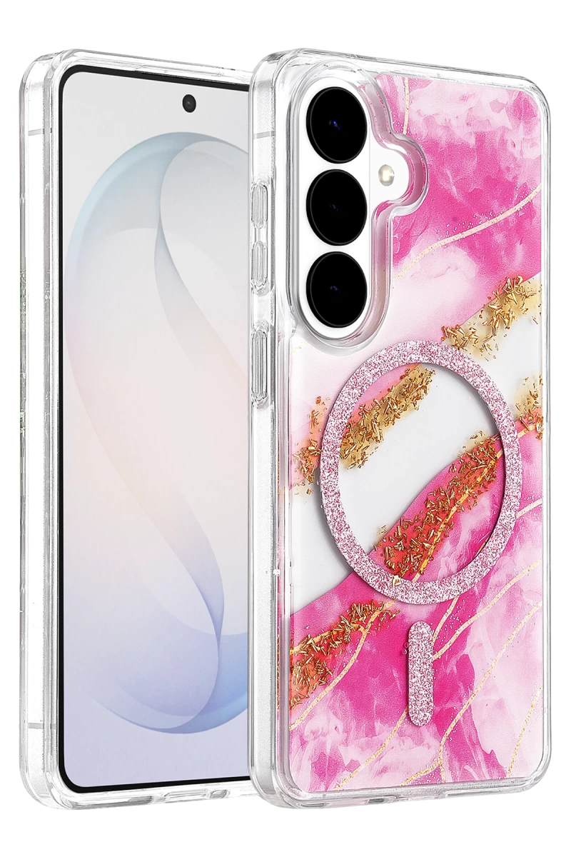 Onegif Samsung Galaxy S26 Uyumlu Lotus Simli Magsafe Kapak - Pembe