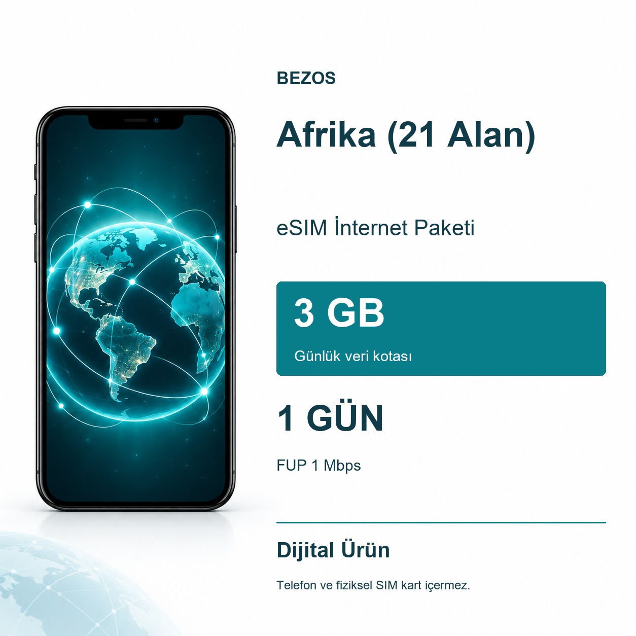 Afrika (21 Alan) eSIM İnternet Paketi Günlük 3 GB 1 Gün - FUP 1 Mbps