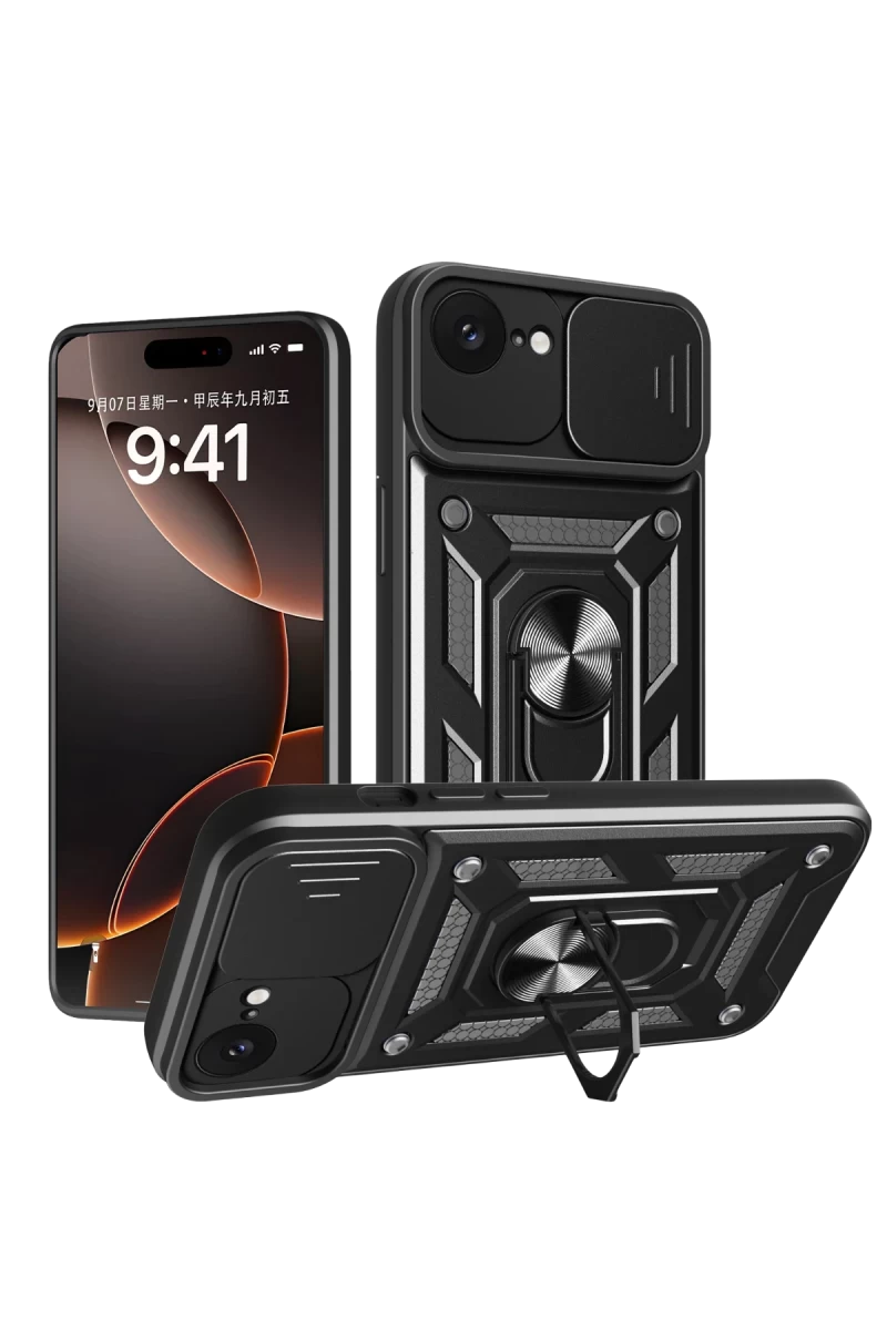 Apple iPhone 16E Uyumlu Kılıf Pars Lens Yüzüklü Silikon - Siyah