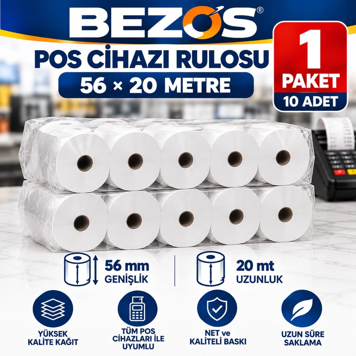 Termal POS Cihazı Rulosu 56 mm x 20 m - 10 Adet (1 Paket) Yazar Kasa Slip Rulosu