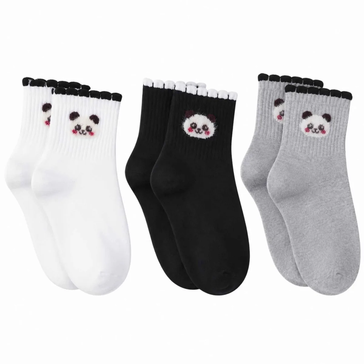 Kadın Panda Desenli Kısa Konç Çorap 3'lü Paket, %80 Pamuklu Dikişsiz Burun, Nefes Alan Yumuşak Bilek Çorabı, Siyah Beyaz Gri · BEDEN: 36-40 · RENK: Çok Renkli 3 lü