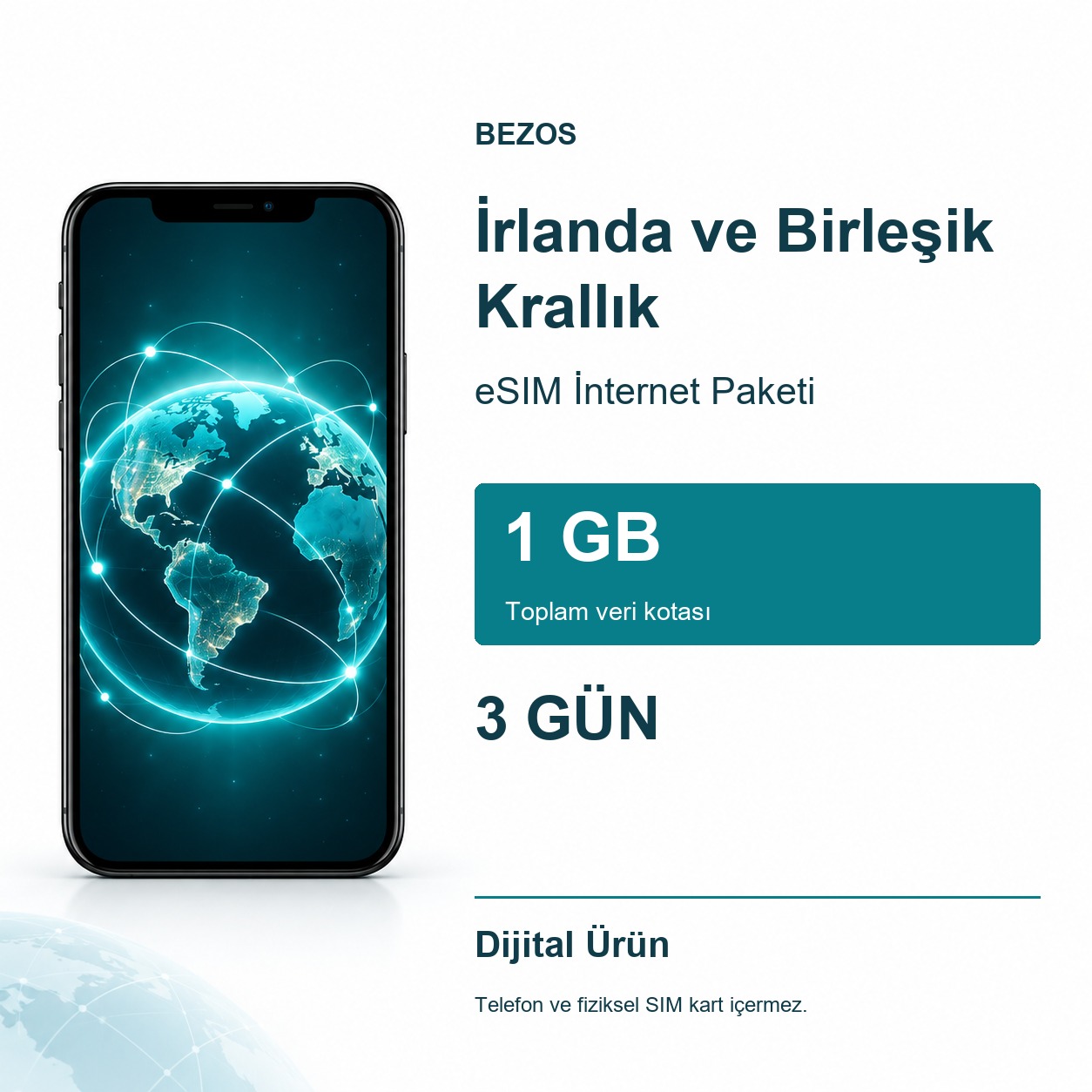 İrlanda ve Birleşik Krallık eSIM İnternet Paketi 1 GB 3 Gün