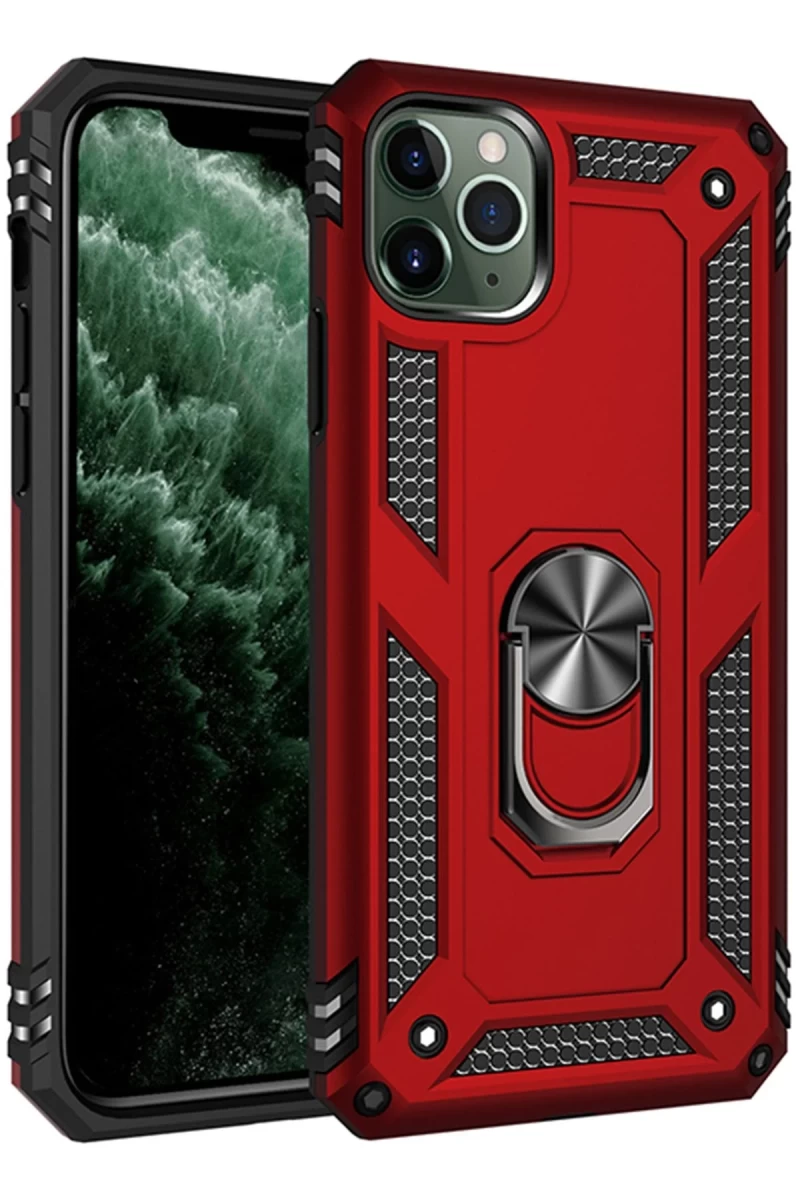 Apple iPhone 11 Pro Max Uyumlu Kılıf Sofya Yüzüklü Silikon Kapak - Kırmızı