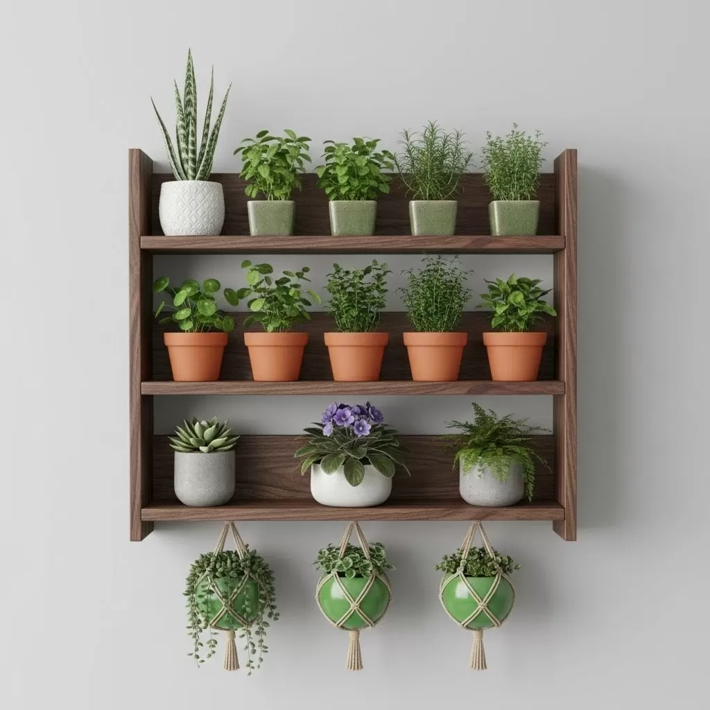 Ahşap Duvar Rafı - 3 Katlı Çok Amaçlı Mutfak ve Balkon Rafı - Saksılık - 50X50 cm