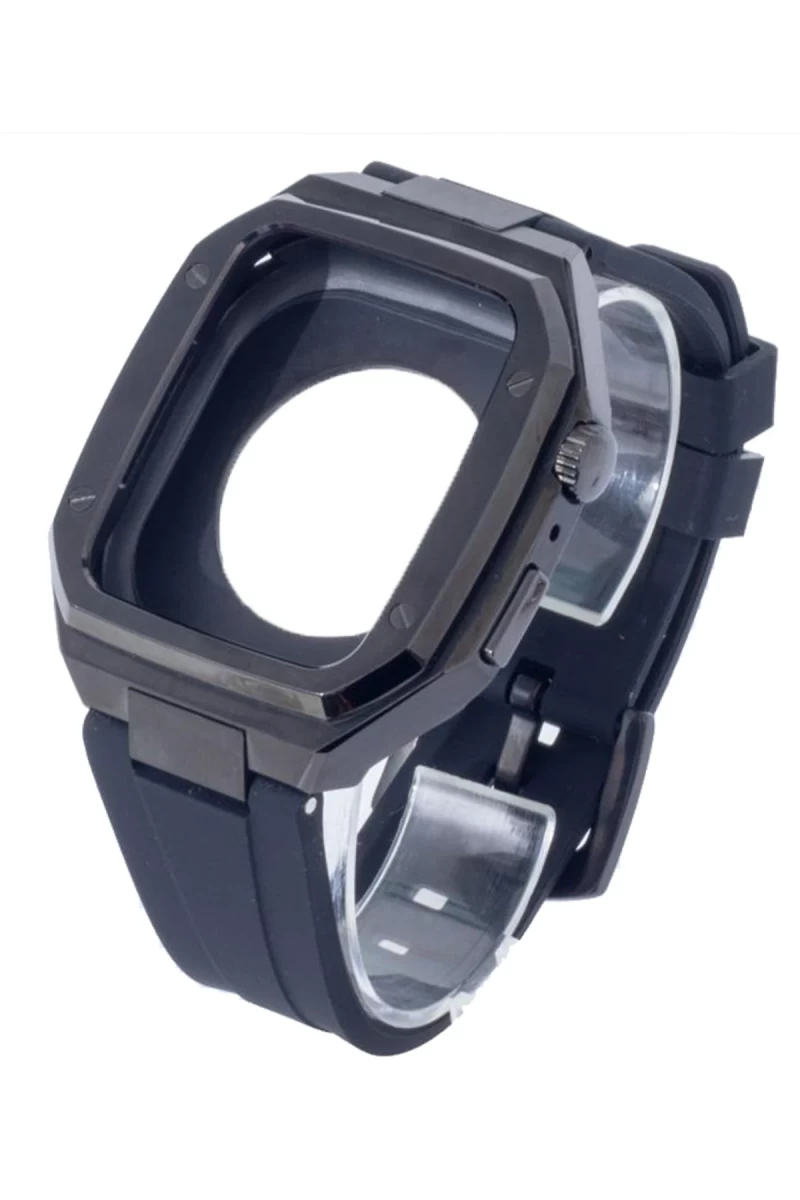 Apple Watch 45mm Uyumlu KR402 Metal Kasa Silikon Kordon - Siyah