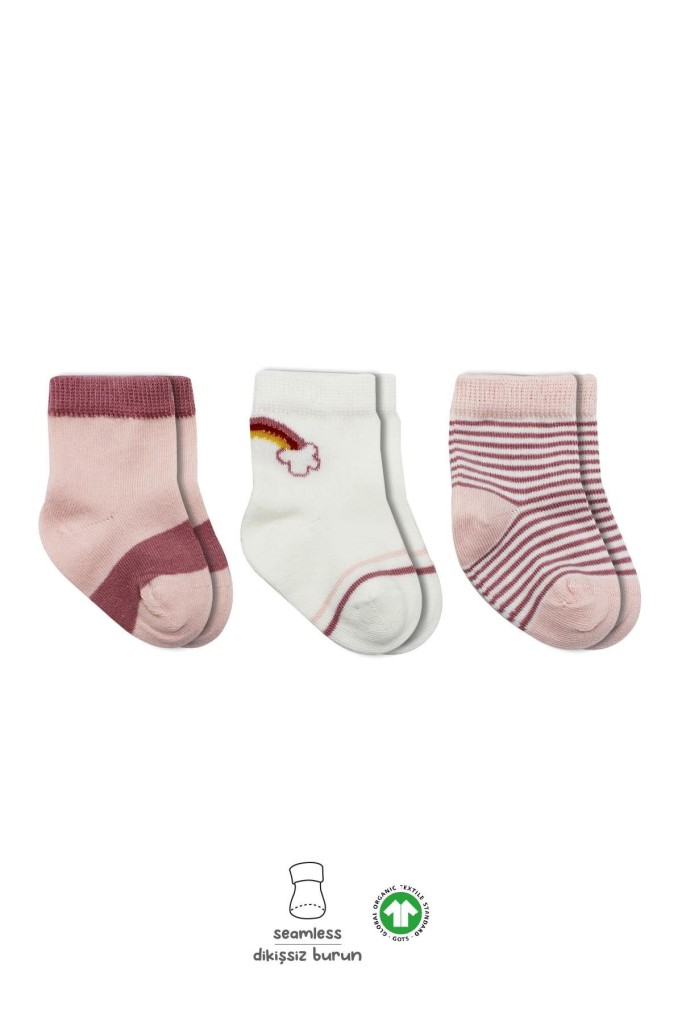 3'Lü Penye Rainbow Soket Çorap BS10113 Pudra · Beden: 0-3 Ay · Renk: Pudra
