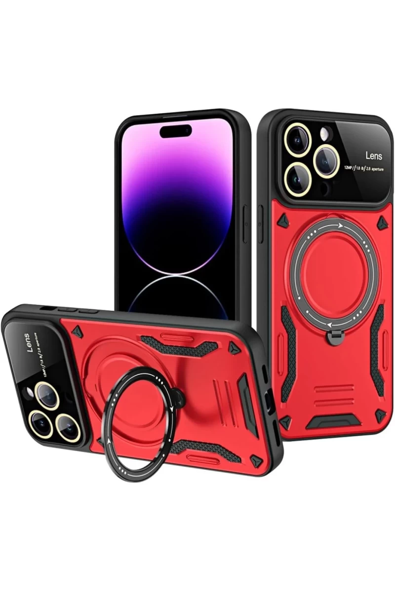 Apple iPhone 16 Pro Max Uyumlu Kılıf Joy Lens Standlı Kapak - Kırmızı