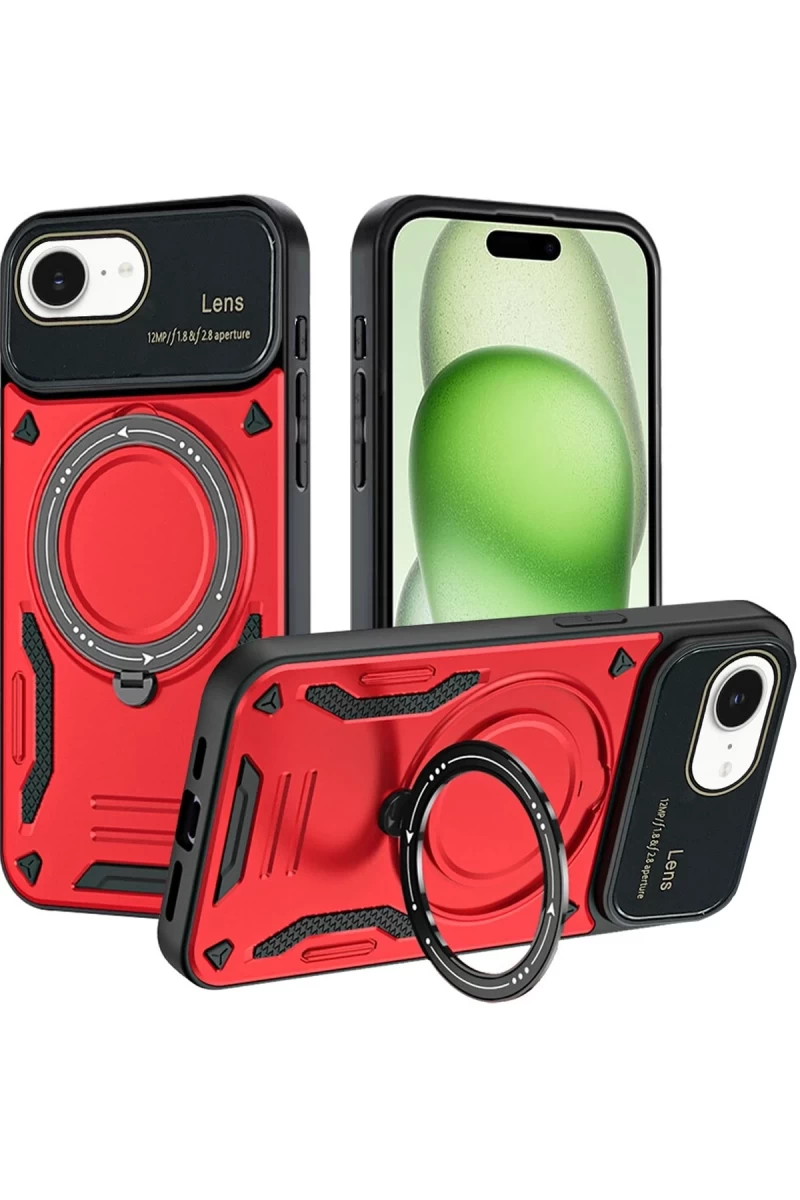 Apple iPhone 16E Uyumlu Kılıf Joy Lens Standlı Kapak - Kırmızı