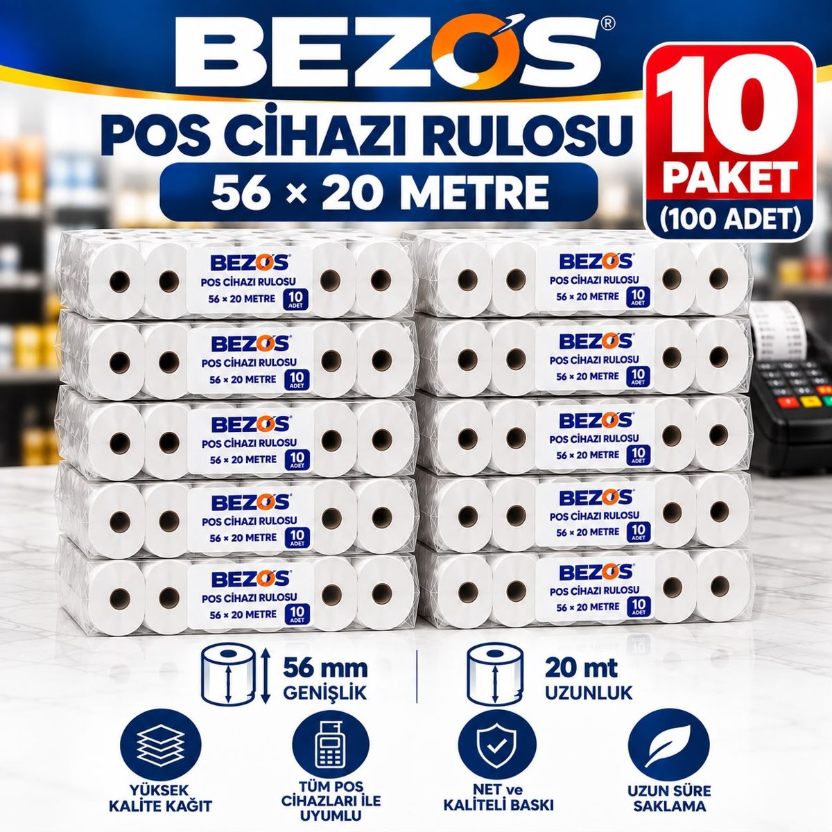 Termal POS Cihazı Rulosu 56 mm x 20 m - 100 Adet (10 Paket) Yazar Kasa Slip Rulosu