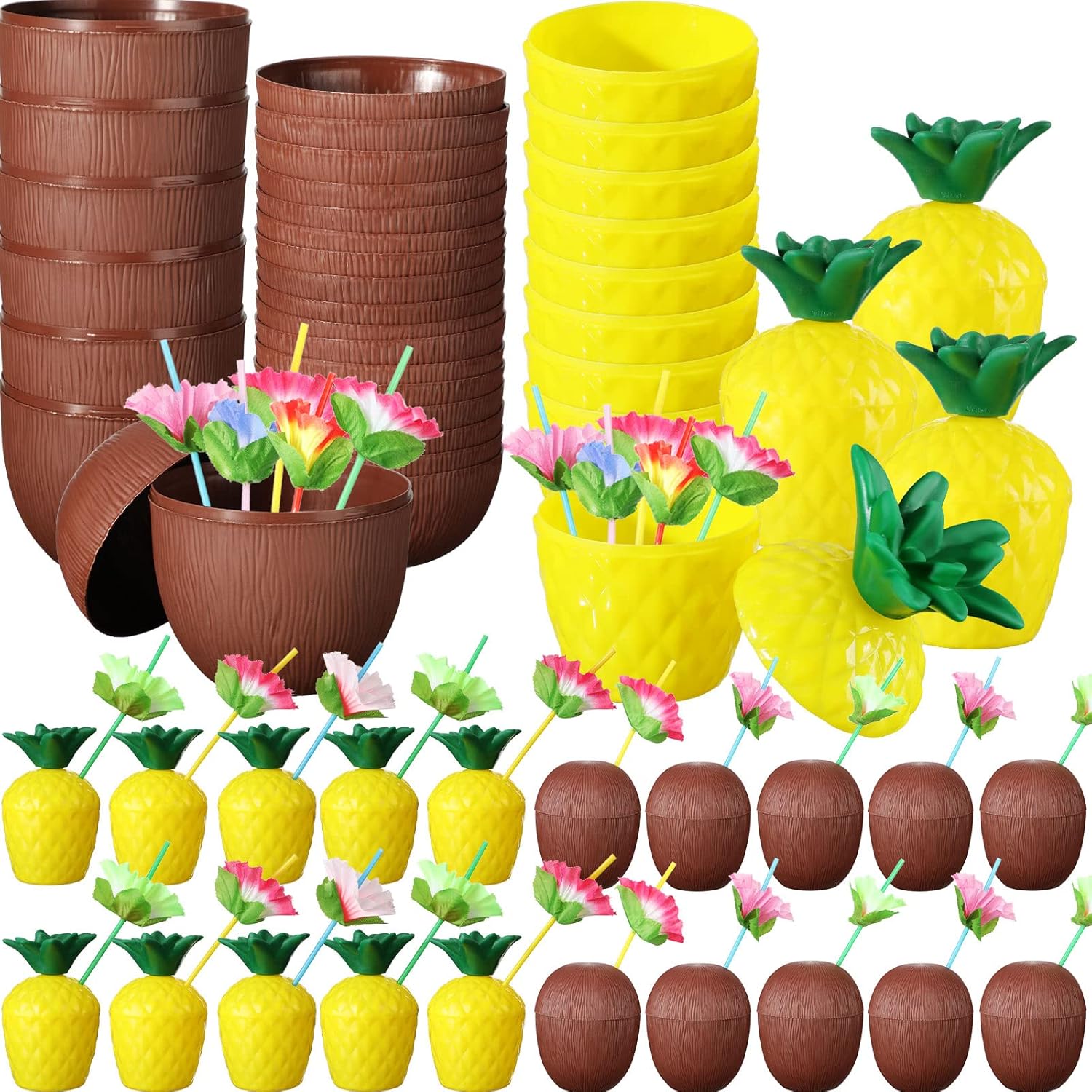 Tropikal Parti Bardak Seti ? Ananas ve Hindistan Cevizi Şekilli Pipetli Bardaklar (20 Adet)