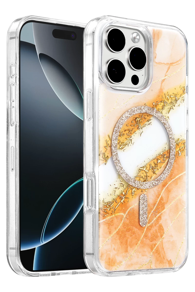 Onegif Apple iPhone 16 Pro Max Uyumlu Lotus Simli Magsafe Kapak - Turuncu