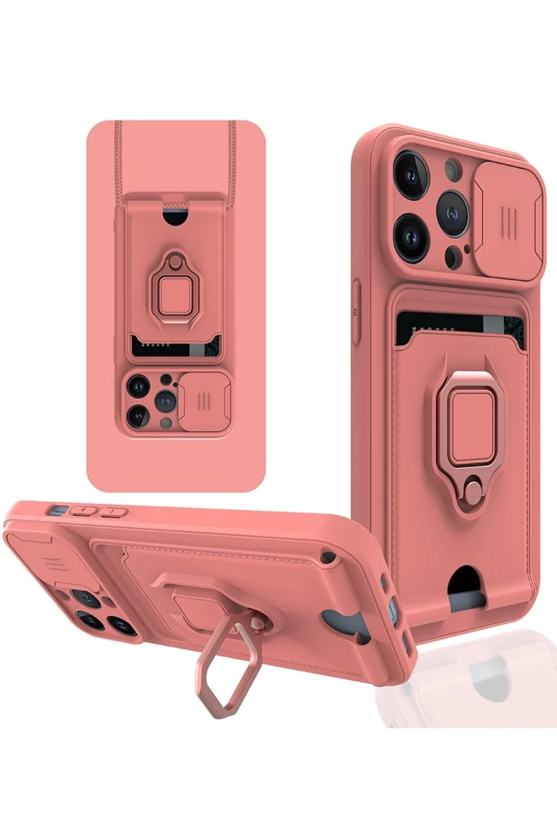 Apple iPhone 13 Pro Uyumlu Kılıf Zuma Kartvizitli Yüzüklü Silikon - Pembe