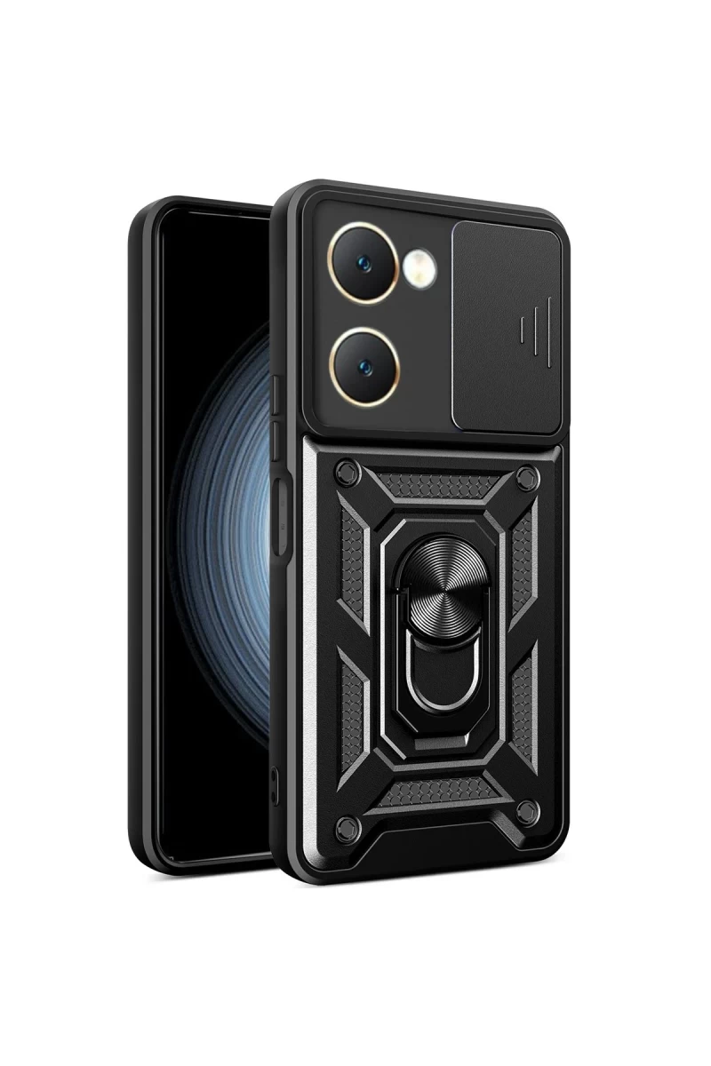 Vivo Y18 Uyumlu Kılıf Pars Lens Yüzüklü Silikon - Siyah