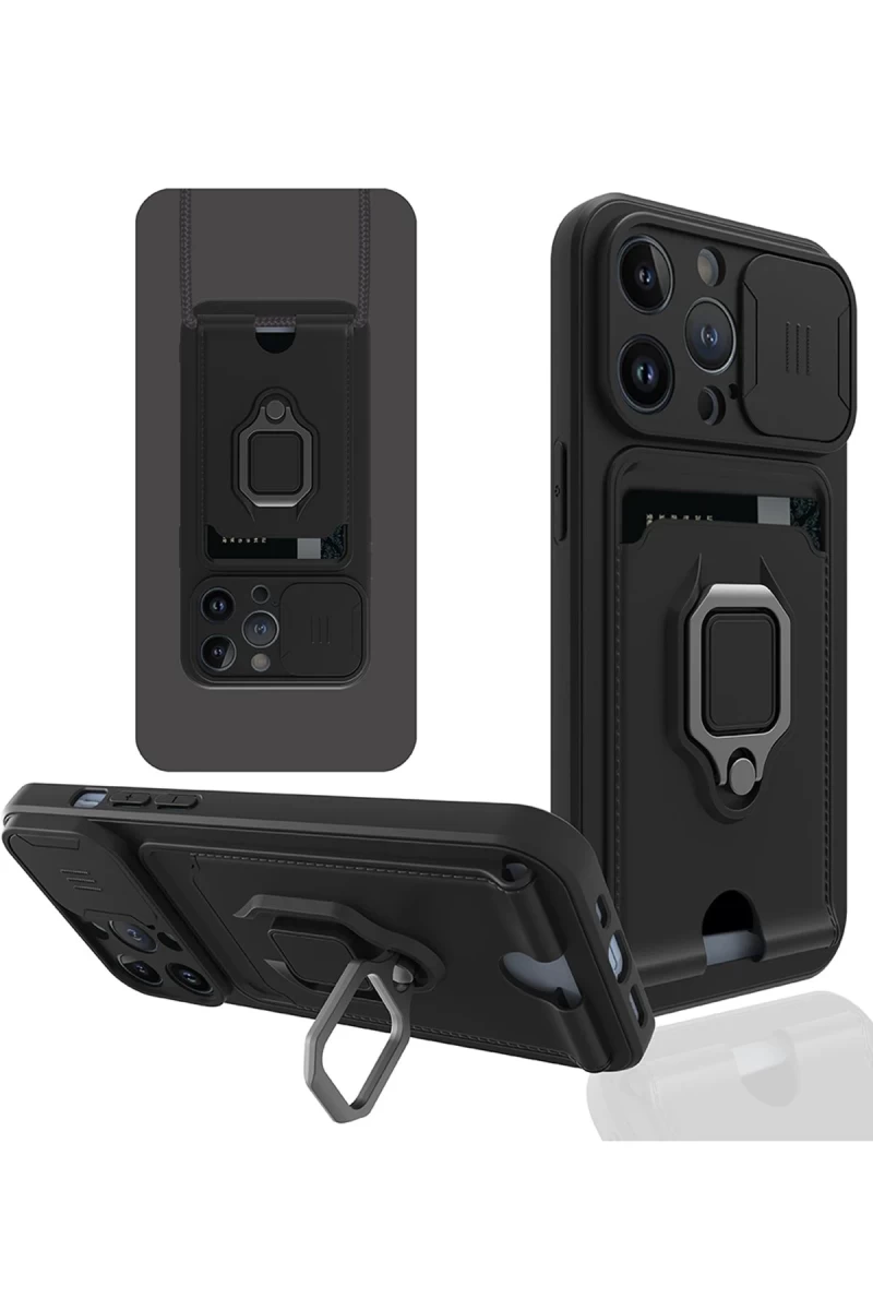 Apple iPhone 14 Pro Uyumlu Kılıf Zuma Kartvizitli Yüzüklü Silikon - Siyah