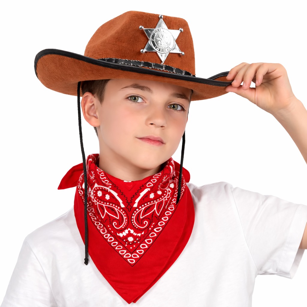 Çocuk Kovboy Şapka Rozetli Kahverengi & Kırmızı Bandana Fular Seti