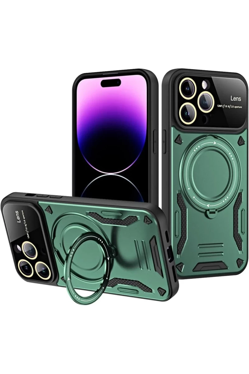 Apple iPhone 16 Pro Max Uyumlu Kılıf Joy Lens Standlı Kapak - Koyu Yeşil