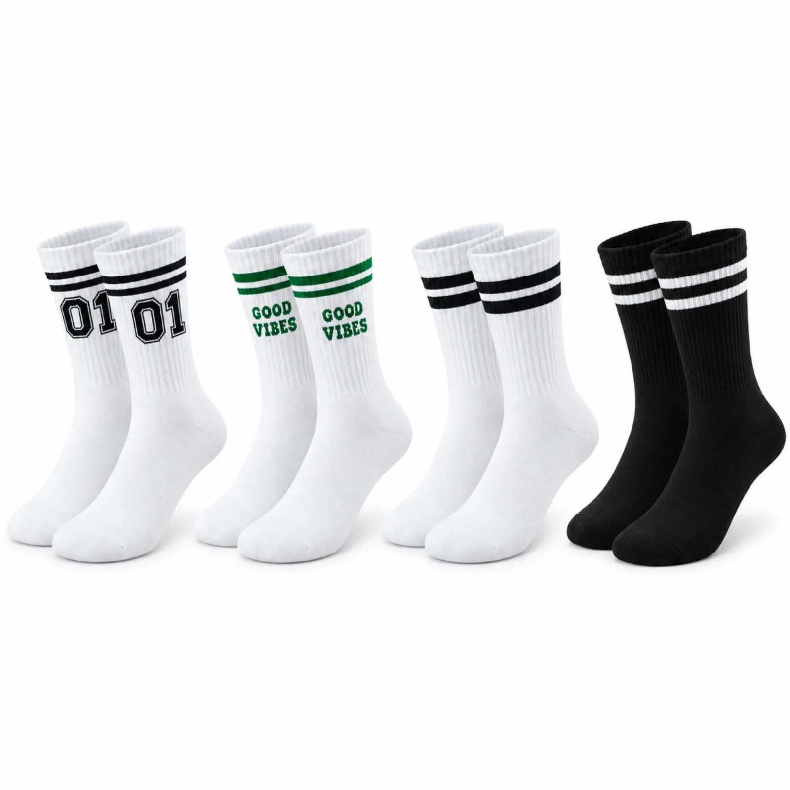 Unisex Çorap Çizgili 4'lü Set 07 Good Vibes Yazılı Siyah Beyaz Uzun Soket Spor Kolej Stil Rahat Şık