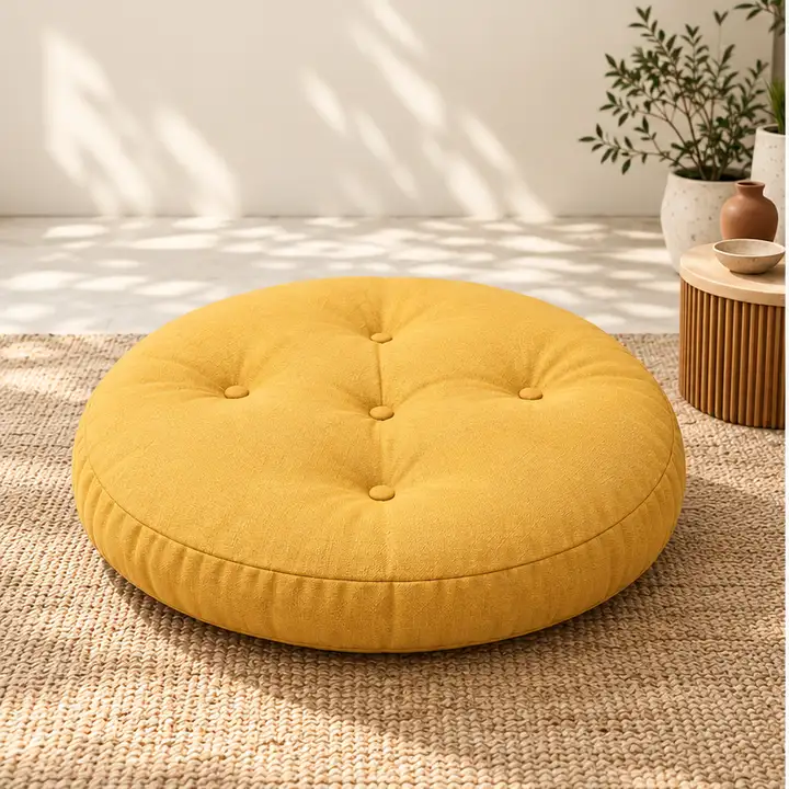 Kapitone Yuvarlak Yer Minderi · 60 × 60 × 8 cm | Hardal | Dış mekân
