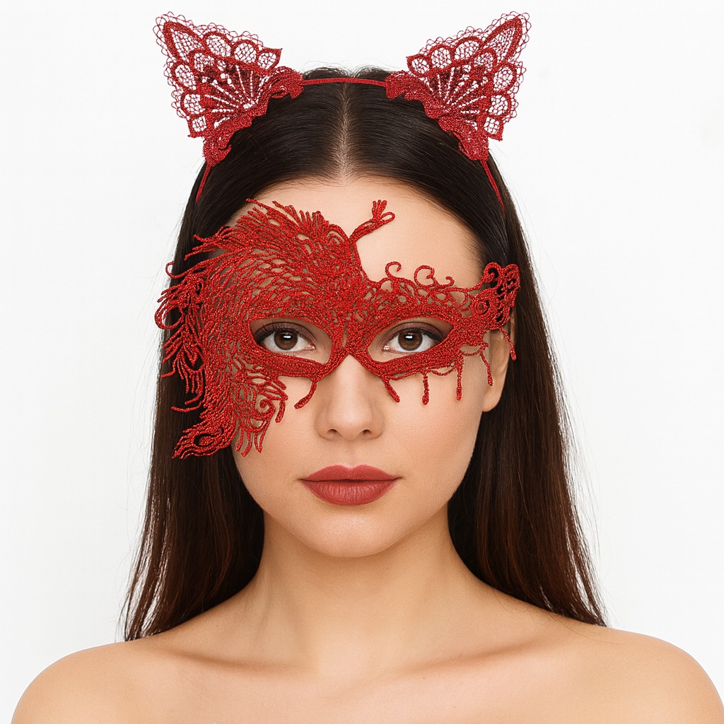 Alevin Zarafeti Kırmızı Dantel Maske ve Taç Seti 4 No ? Kadın Kostüm Tamamlayıcı