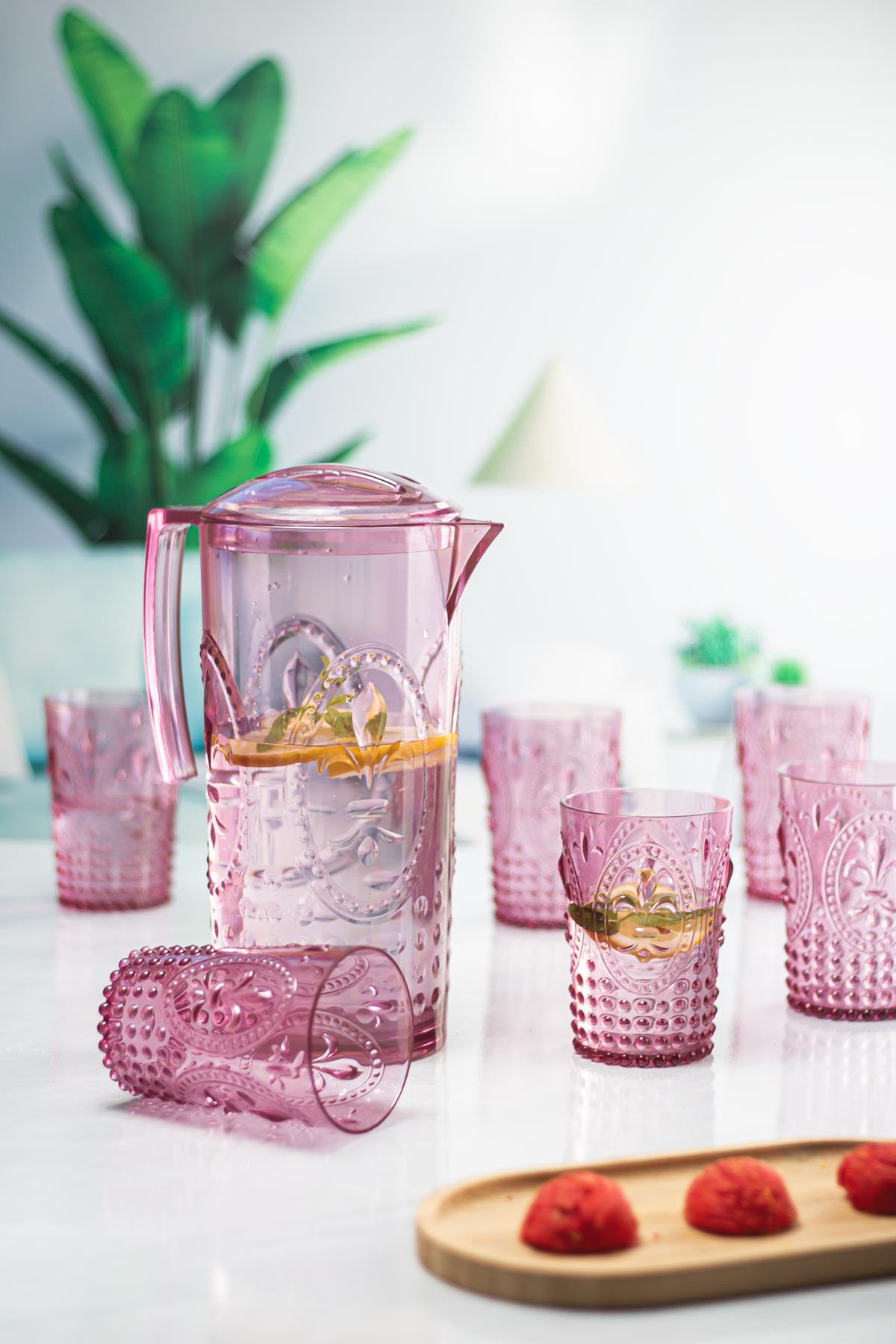 Akrilik Mürdüm Sürahi 2,3 lt Ve 6'lı &amp; Su Meşrubat Kahve Yanı Bardağı 400 ml Seti ( Cam Değildir )
