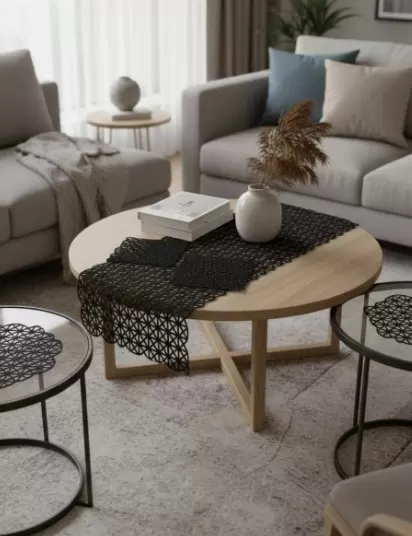 5 Parça Açılı Model Siyah Dantel Masa Örtüsü Runner Seti Salon Takımı No 257