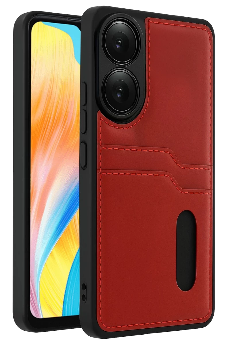 Oppo A38 Uyumlu Sara Kartvizitli Deri Kılıf - Kırmızı