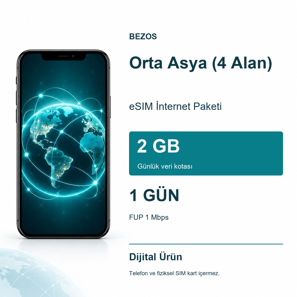 Orta Asya (4 Alan) eSIM İnternet Paketi Günlük 2 GB 1 Gün - FUP 1 Mbps