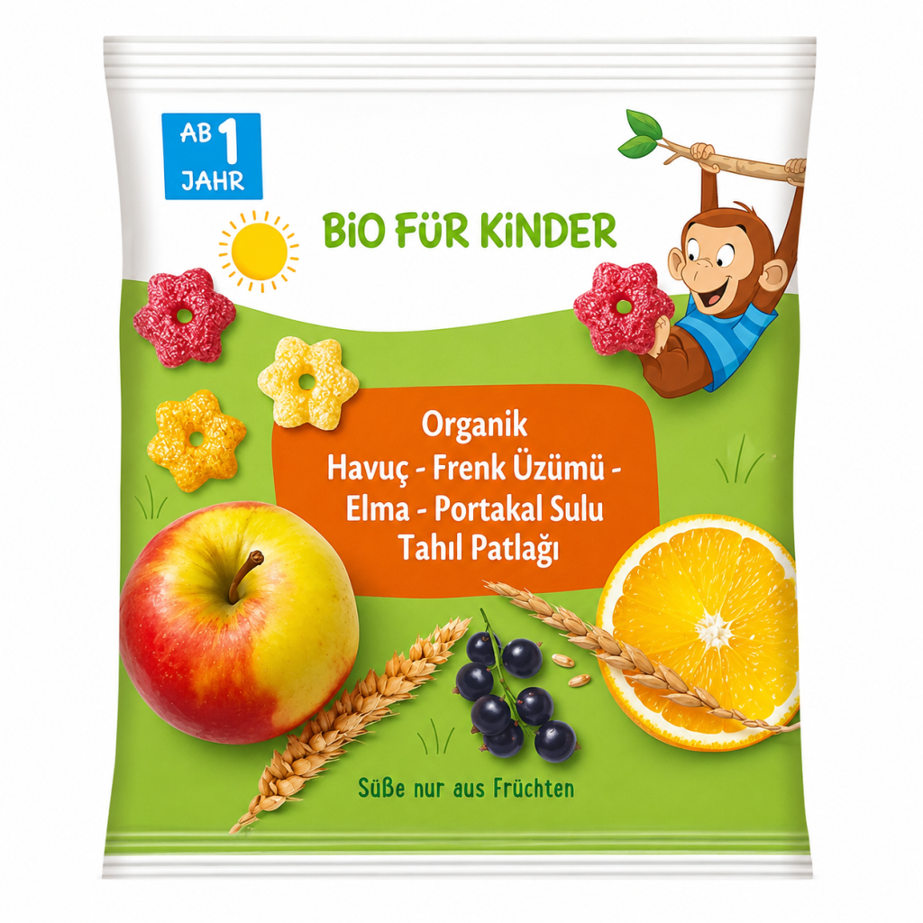 Organik Havuç Frenk Üzümü Elma Portakal Sulu Tahıl Patlağı 30 Gr