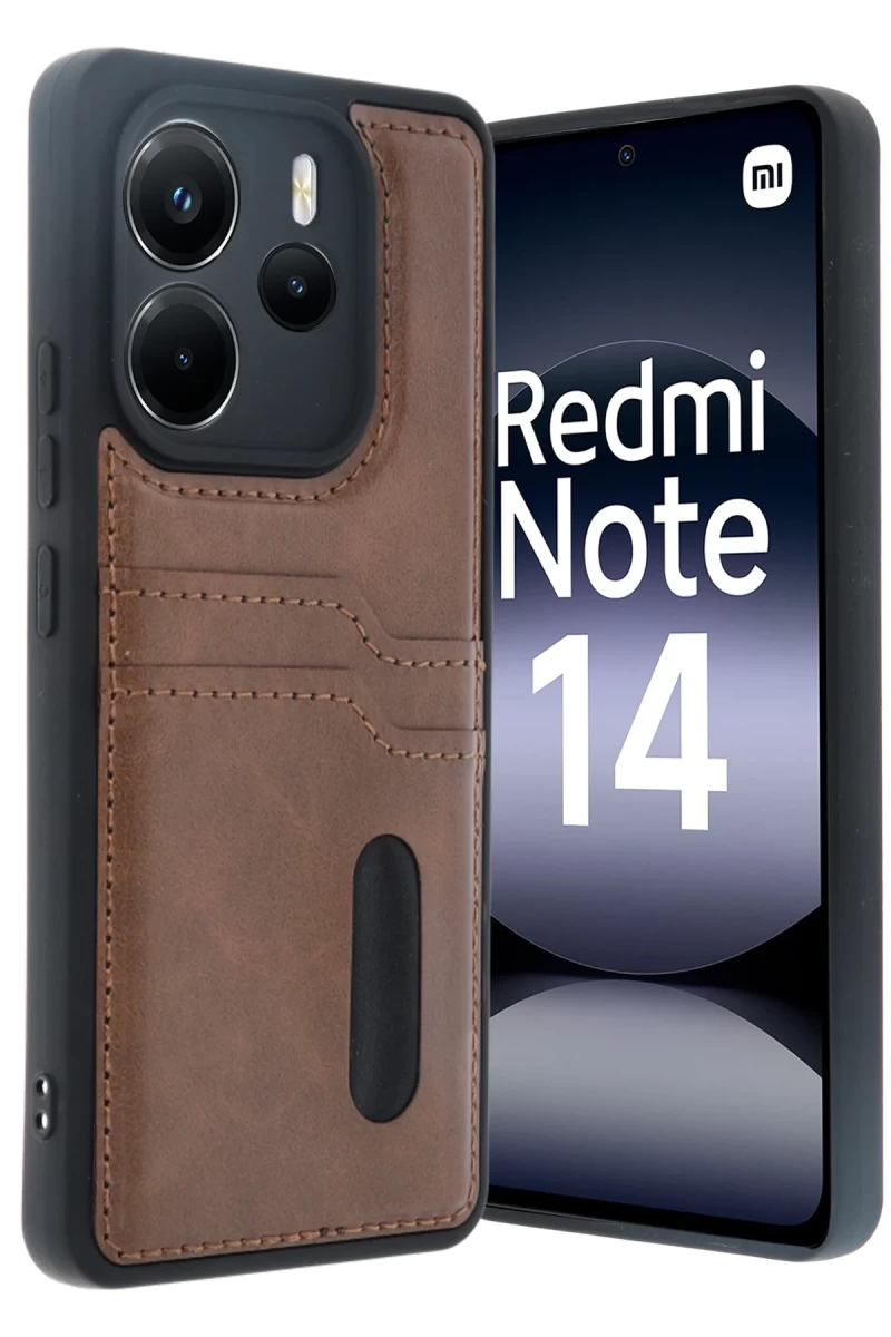 Xiaomi Redmi Note 14 4G Uyumlu Kılıf Sara Kartvizitli Deri Kılıf - Taba