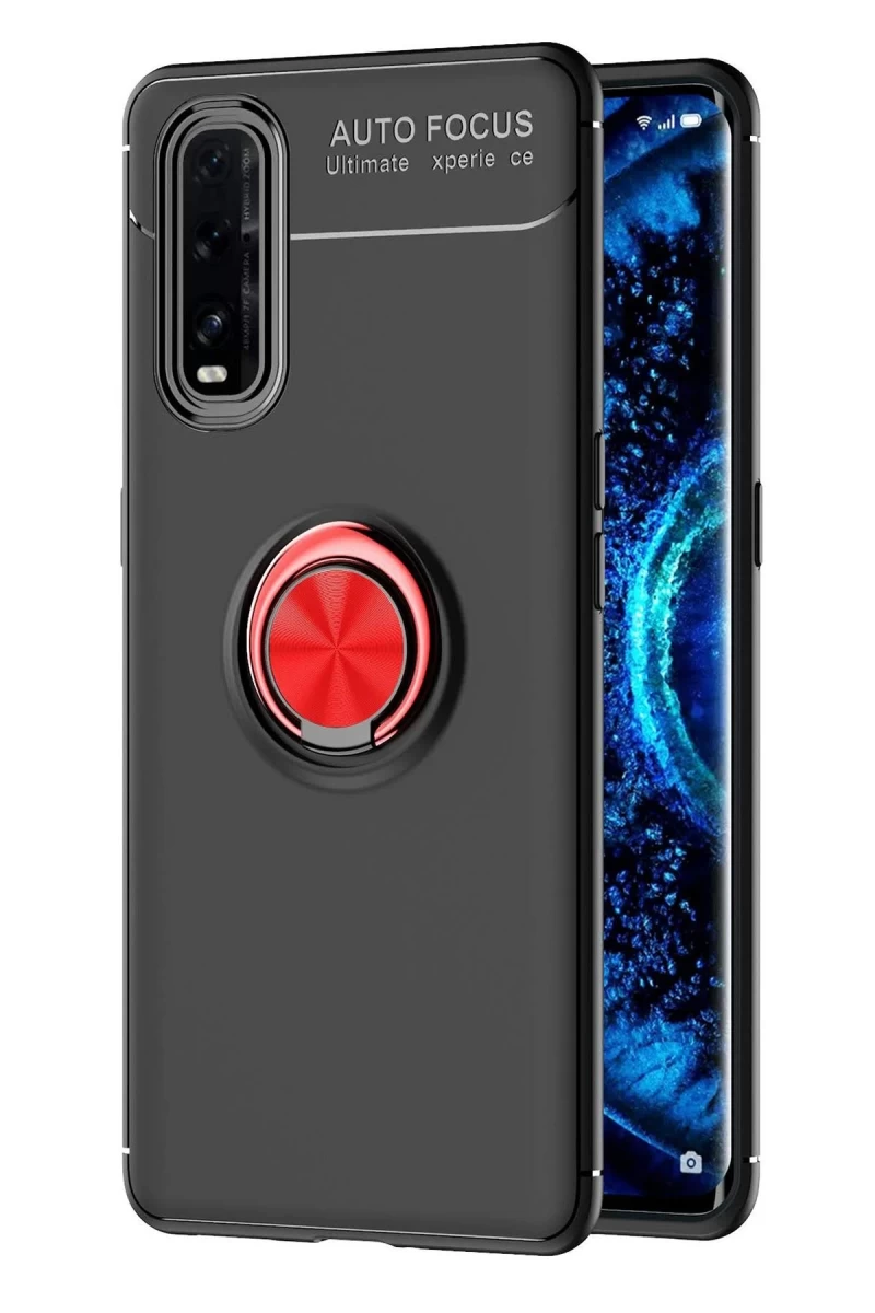 Oppo Find X2 Uyumlu Kılıf Range Yüzüklü Silikon - Siyah-Kırmızı