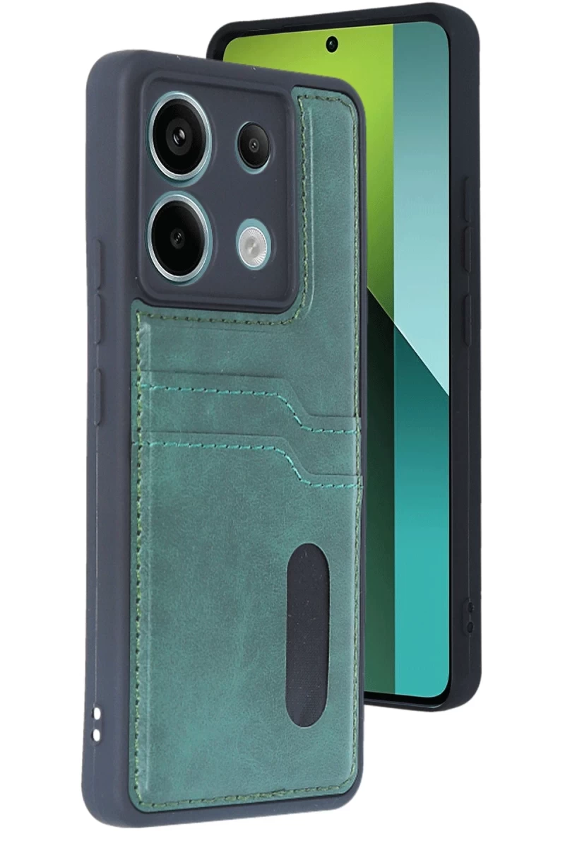 Xiaomi Redmi Note 13 Pro 5G Uyumlu Kılıf Sara Kartvizitli Deri Kılıf - Koyu Yeşil