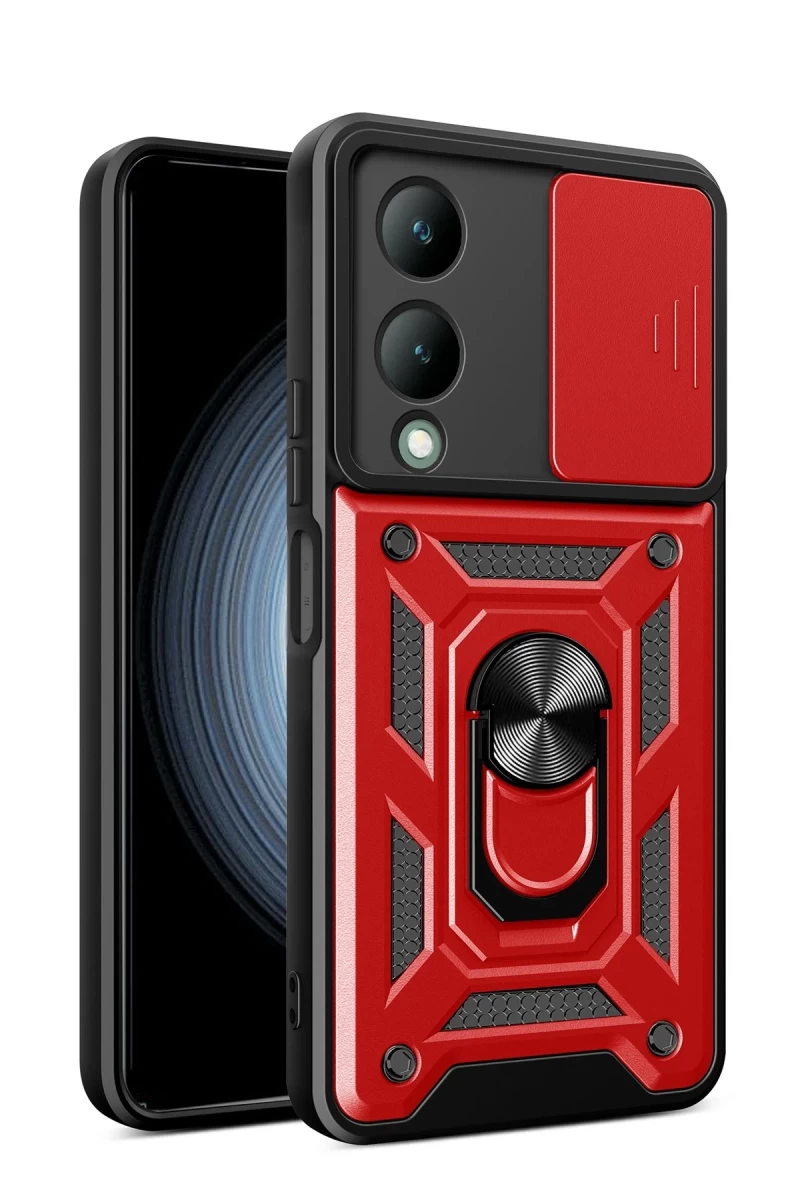Vivo Y17S Uyumlu Kılıf Pars Lens Yüzüklü Silikon - Kırmızı