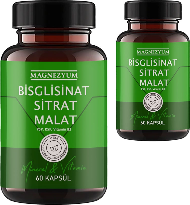Magnezyum: 2 Adet Bisglisinat  Magnezyum Sitrat Magnezyum Malat & Vitamin B2 B3 B6  ve Mineral Kapsülleri 60LI 2 Adet