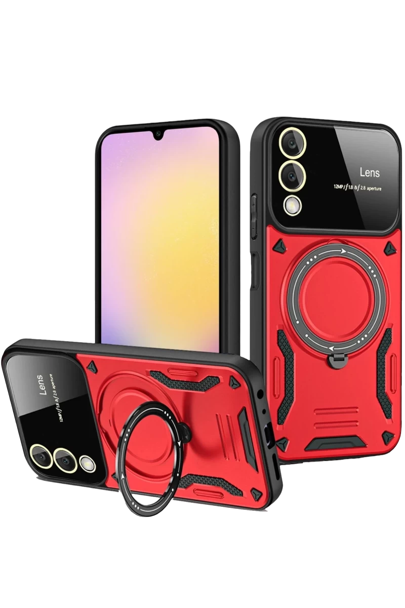 Samsung Galaxy S25 Uyumlu Edge Kılıf Joy Lens Standlı Kapak - Kırmızı