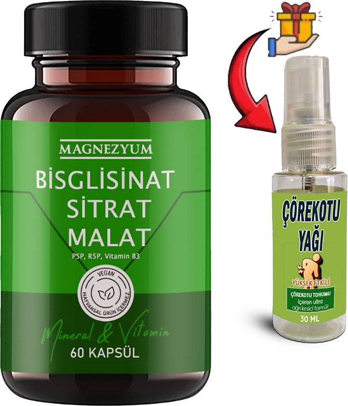 Magnezyum 1 Kutu Bisglisinat  Magnezyum Sitrat Magnezyum Malat & Vitamin B2 B3 B6  ve Mineral Kapsülleri 60LI + Çörek Otu Masaj Yağı 30 ml