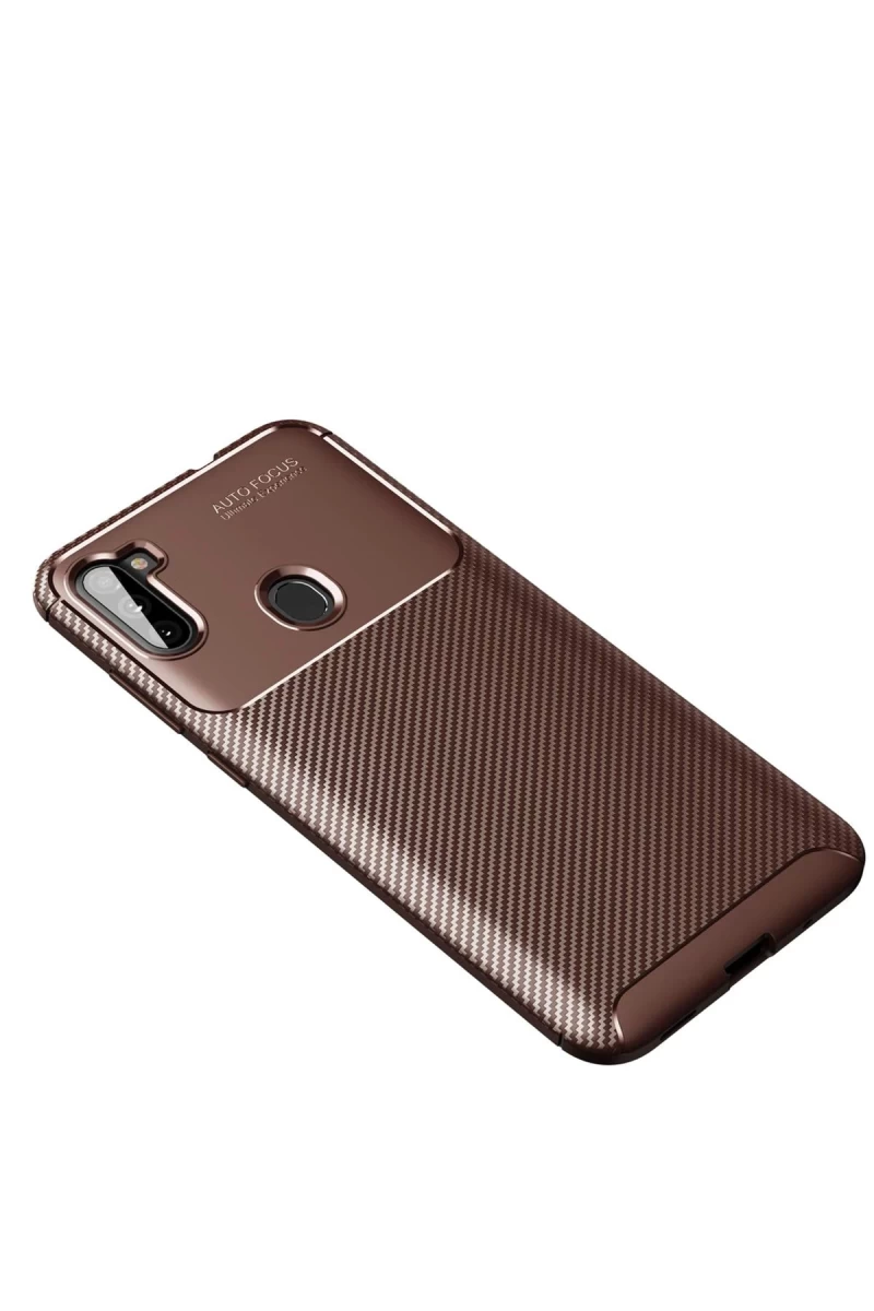 Samsung Galaxy A11 Uyumlu Kılıf Auto Focus Karbon Kapak - Kahverengi