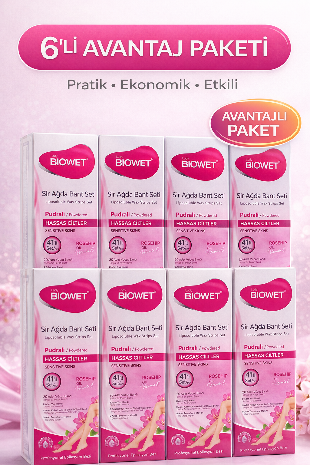 Biowet Pudralı Sir Ağda Bant Seti 41’li Hassas Ciltler İçin Rosehip Vitamin E Epilasyon Seti 6 Paket