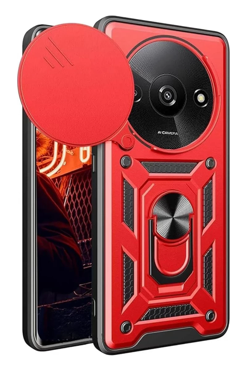 Xiaomi Redmi A3 4G Uyumlu Kılıf Pars Lens Yüzüklü Silikon - Kırmızı
