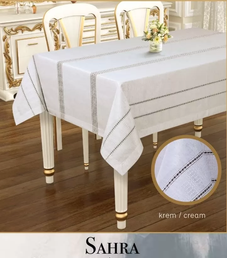 160x220 cm Krem Sahra Model Polyester Ajurlu Keten Masa Örtüsü Tablecloth