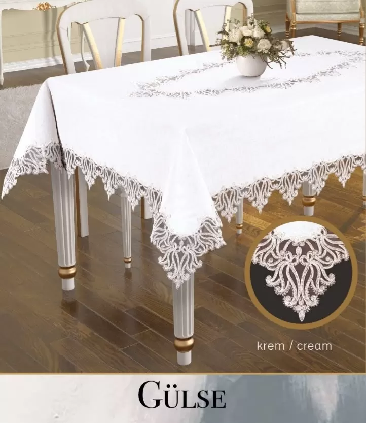 Gülse Model Keten Dantelli 155x220 cm Krem Dekoratif Yemek Masası Örtüsü Tasarım