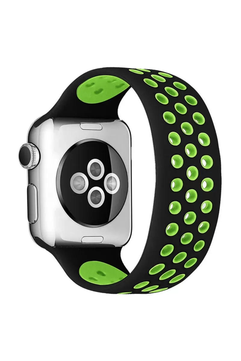Apple Watch 42mm Uyumlu Ayarlı Delikli Silikon Kordon - Siyah-Yeşil