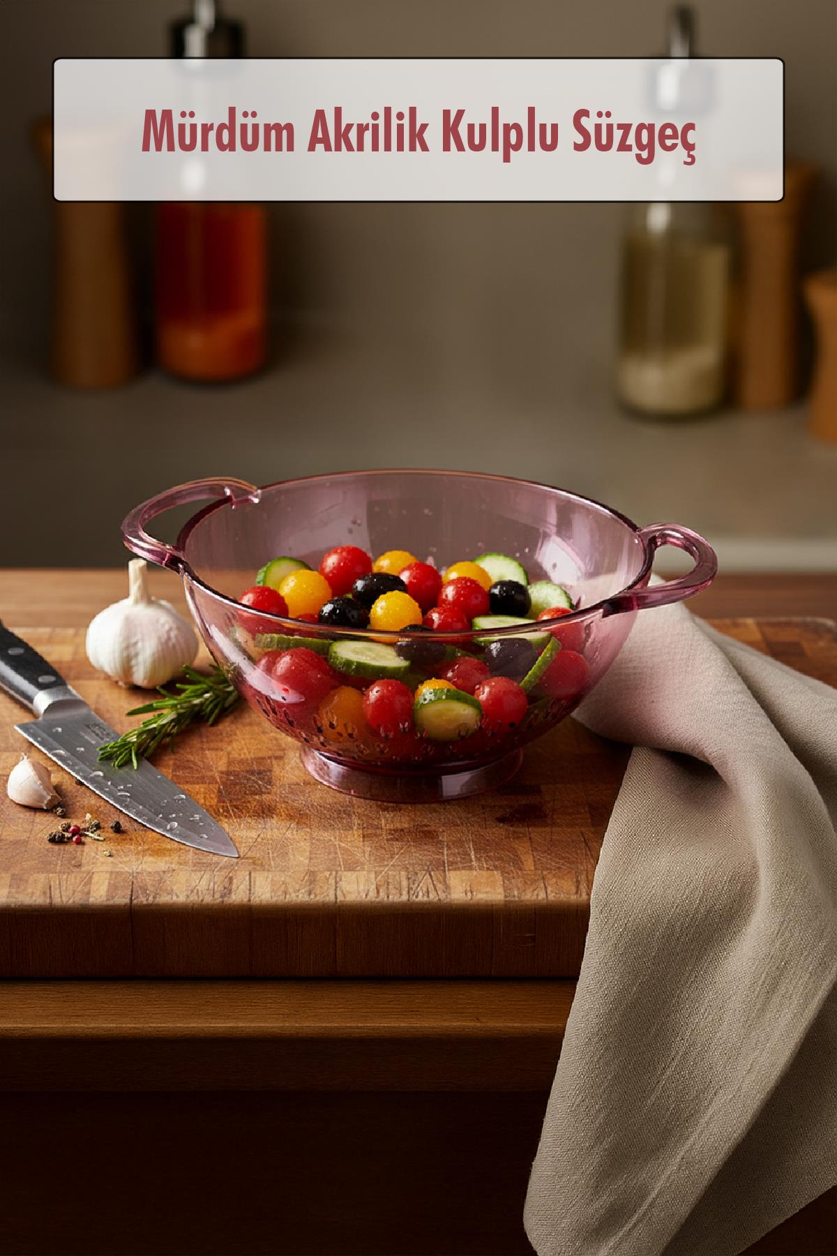 23,5 x 30 cm Mürdüm Akrilik Kulplu Süzgeç ? Salata ve Makarna Süzme Kabı