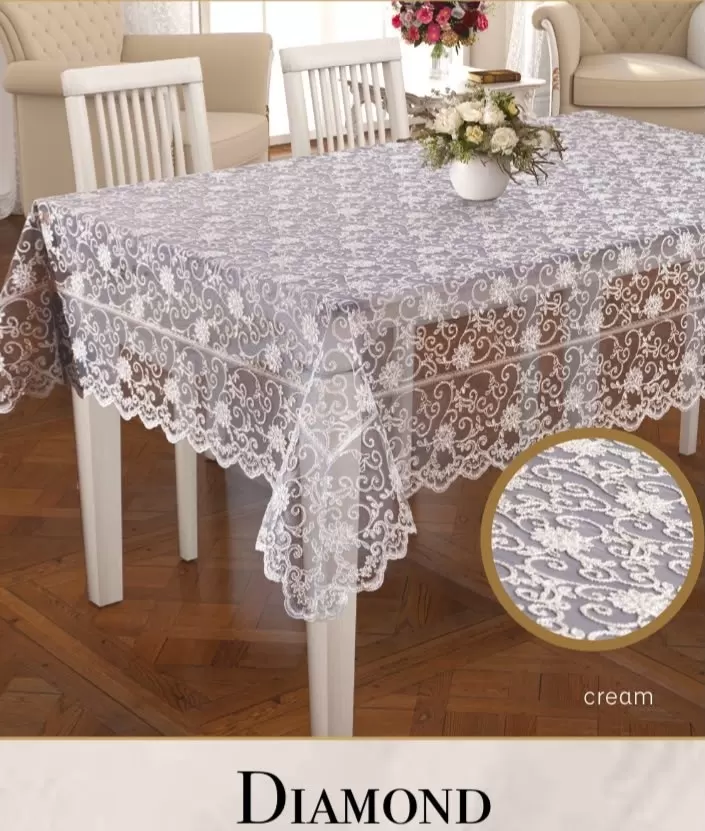 Daimond Model Dertsiz İşlemeli Masa Örtüsü 160x260cm Krem Dantelli Yemek Masası Örtüsü