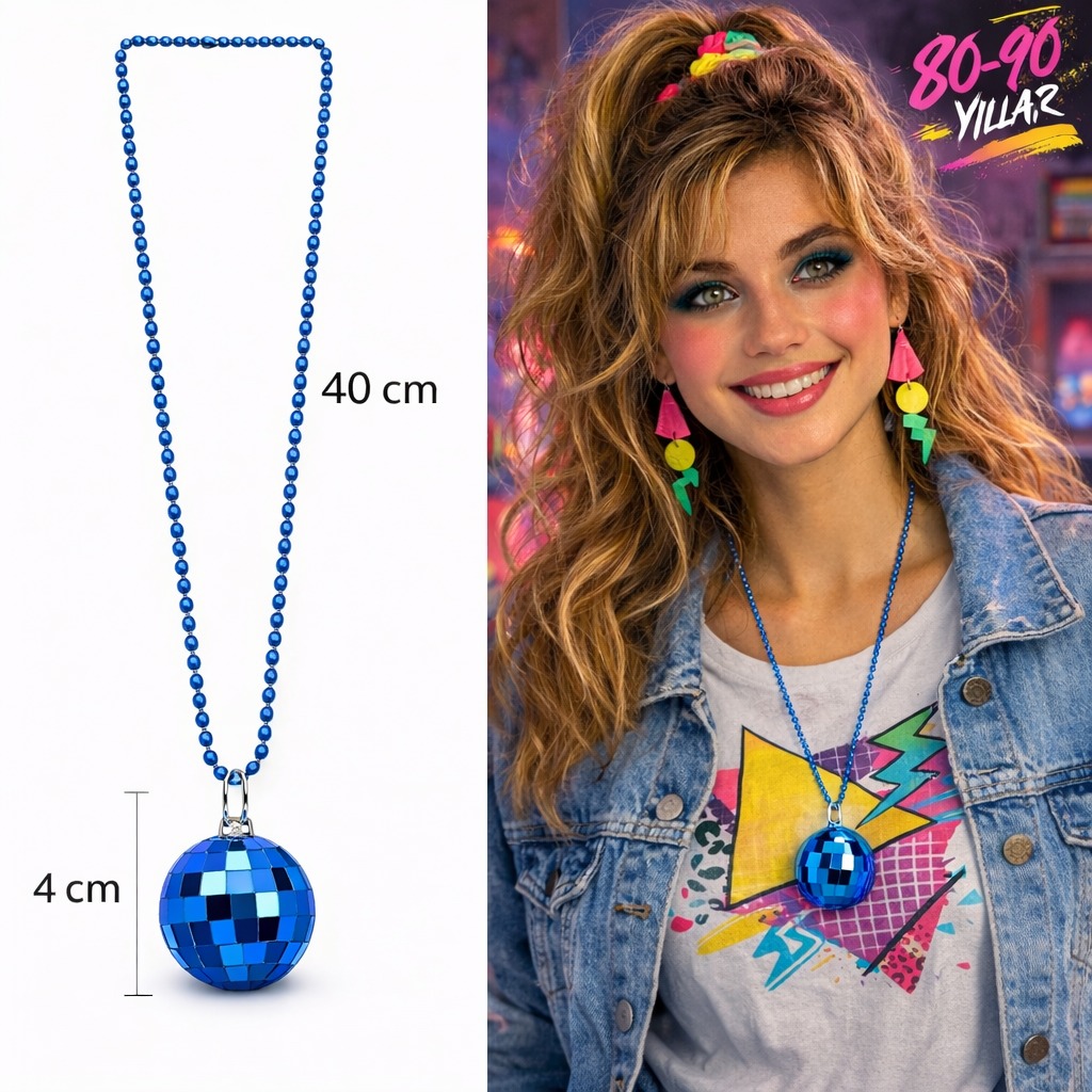 Retro Disko Topu Şekilli 80'ler 90'lar Mavi Renk Plastik Kolye