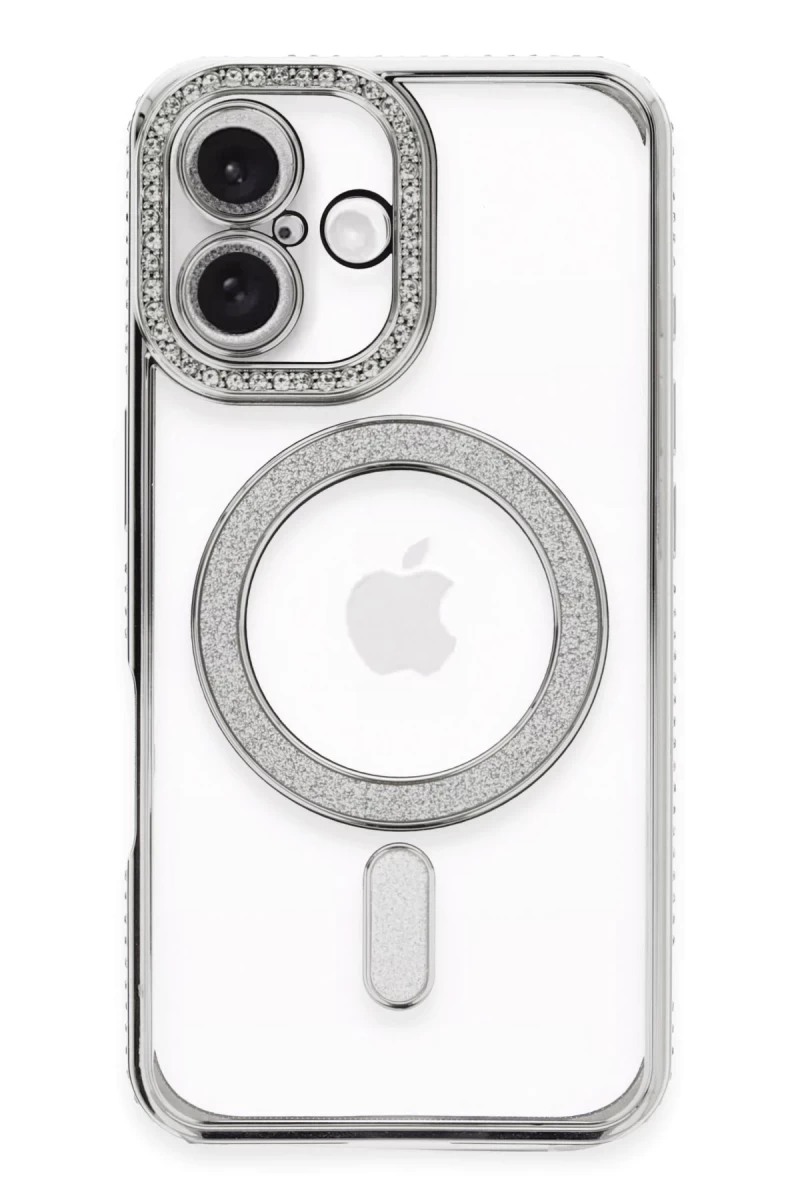 Apple iPhone 16 Plus Uyumlu Kılıf Joke Simli Magneticsafe Kılıf - Gümüş