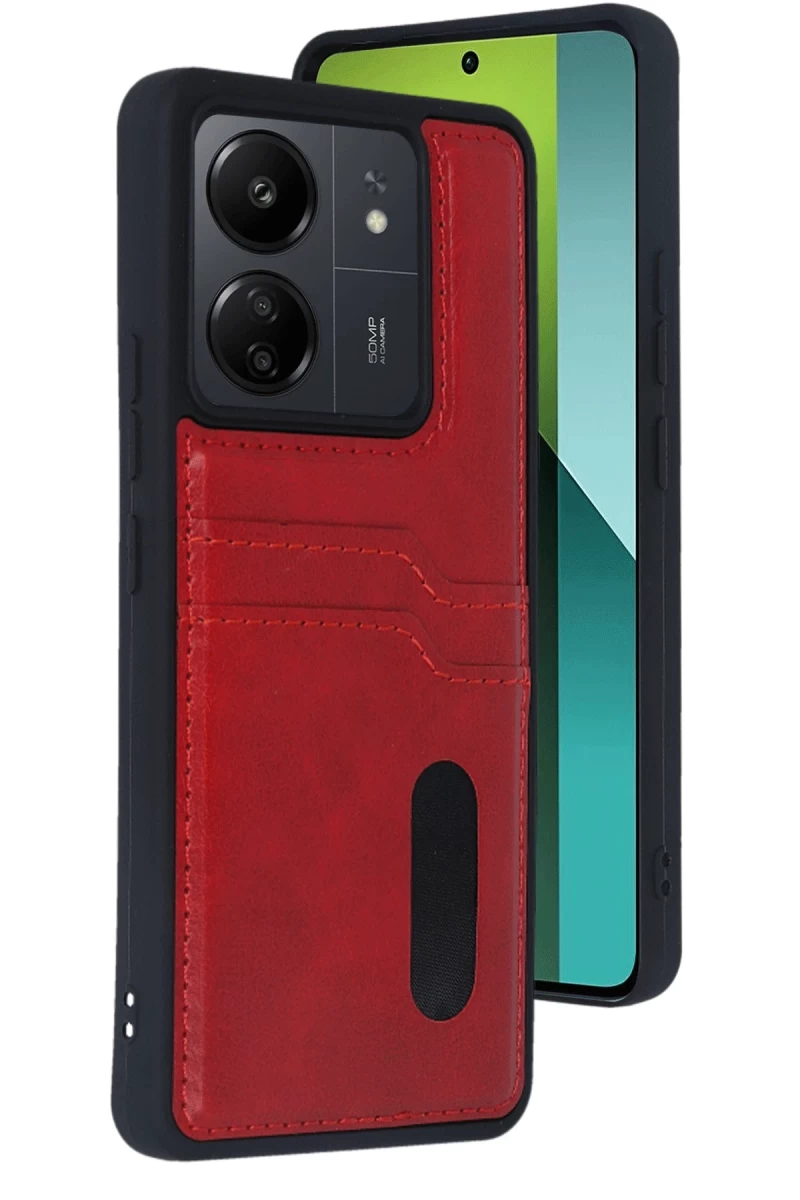 Xiaomi Redmi 13C Uyumlu Kılıf Sara Kartvizitli Deri Kılıf - Kırmızı