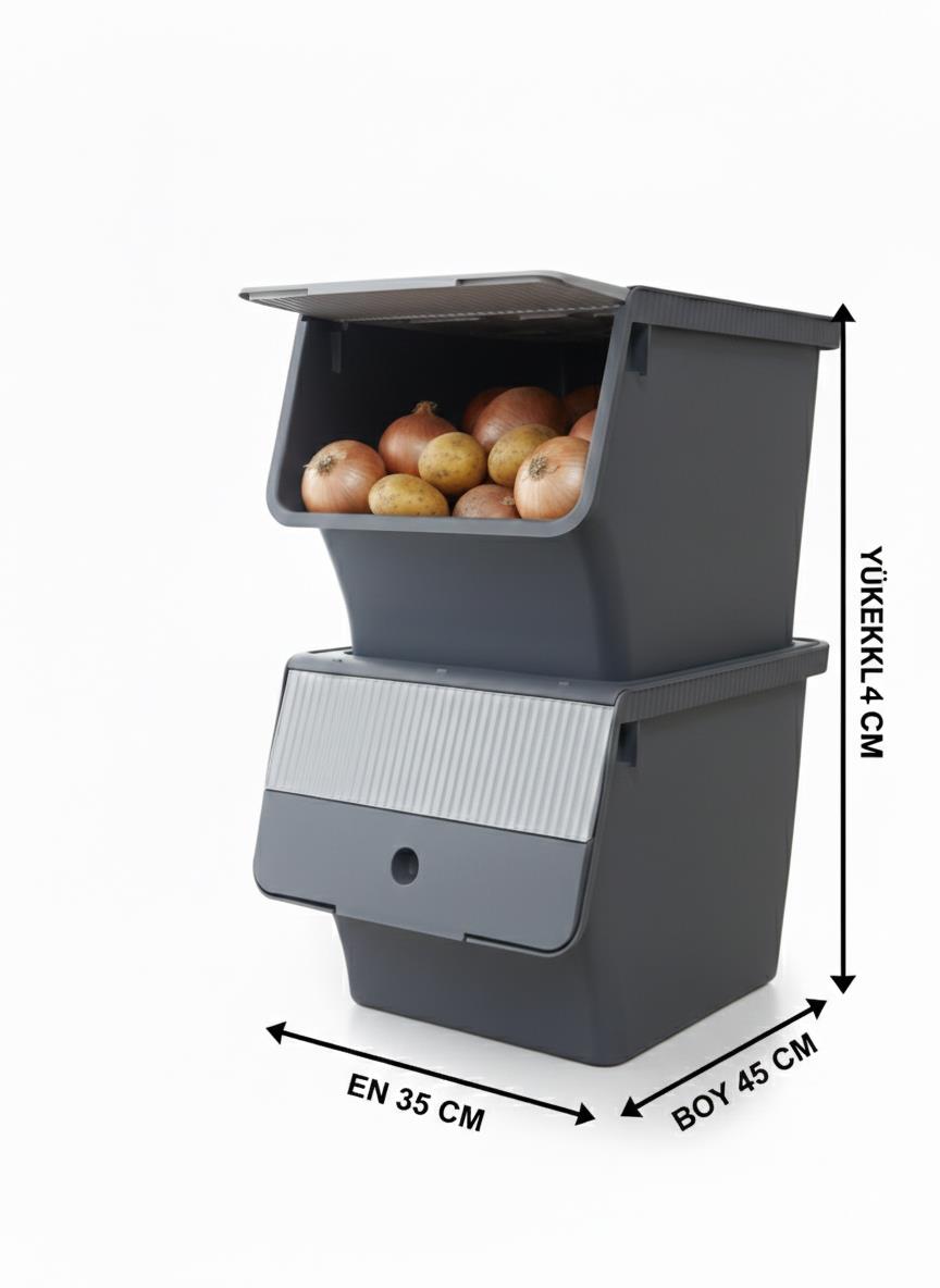 Füme 2'Li 33 LT Modubox Kayar Kapaklı Saklama Kabı &amp; Patates Soğan Kovası &amp; Erzak Kutusu