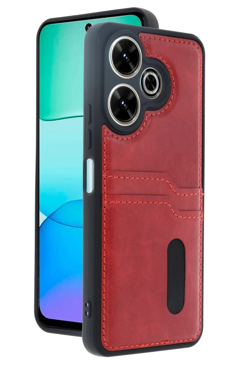 Xiaomi Redmi 13 4G Uyumlu Kılıf Sara Kartvizitli Deri Kılıf - Kırmızı