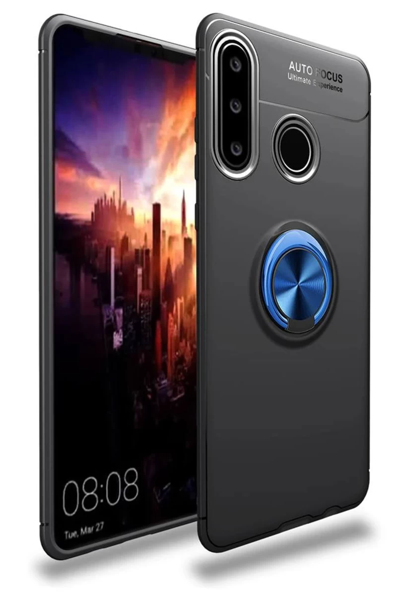 Huawei Y6P Uyumlu Kılıf Range Yüzüklü Silikon - Siyah-Mavi