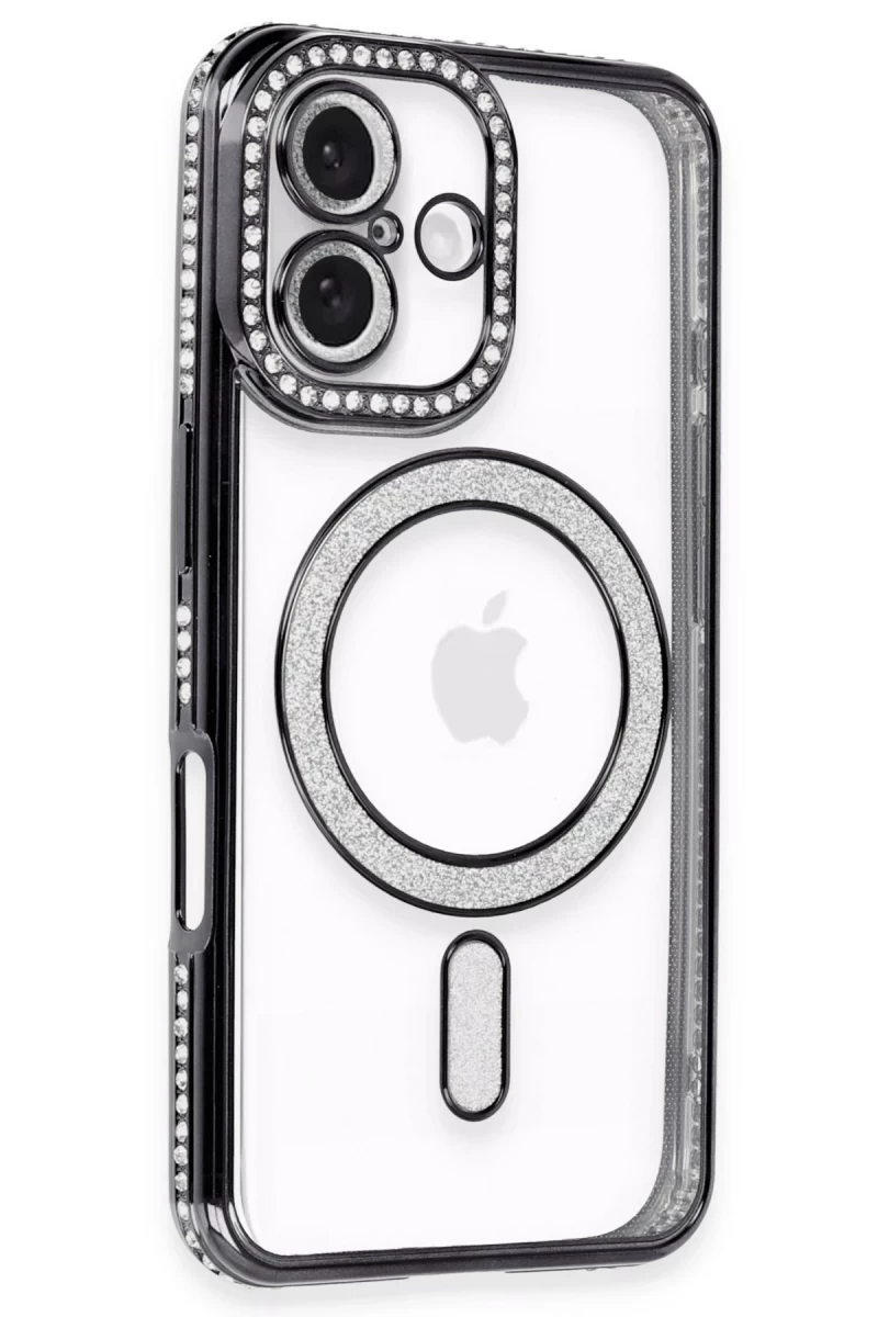 Apple iPhone 16 Uyumlu Kılıf Joke Simli Magneticsafe Kılıf - Siyah